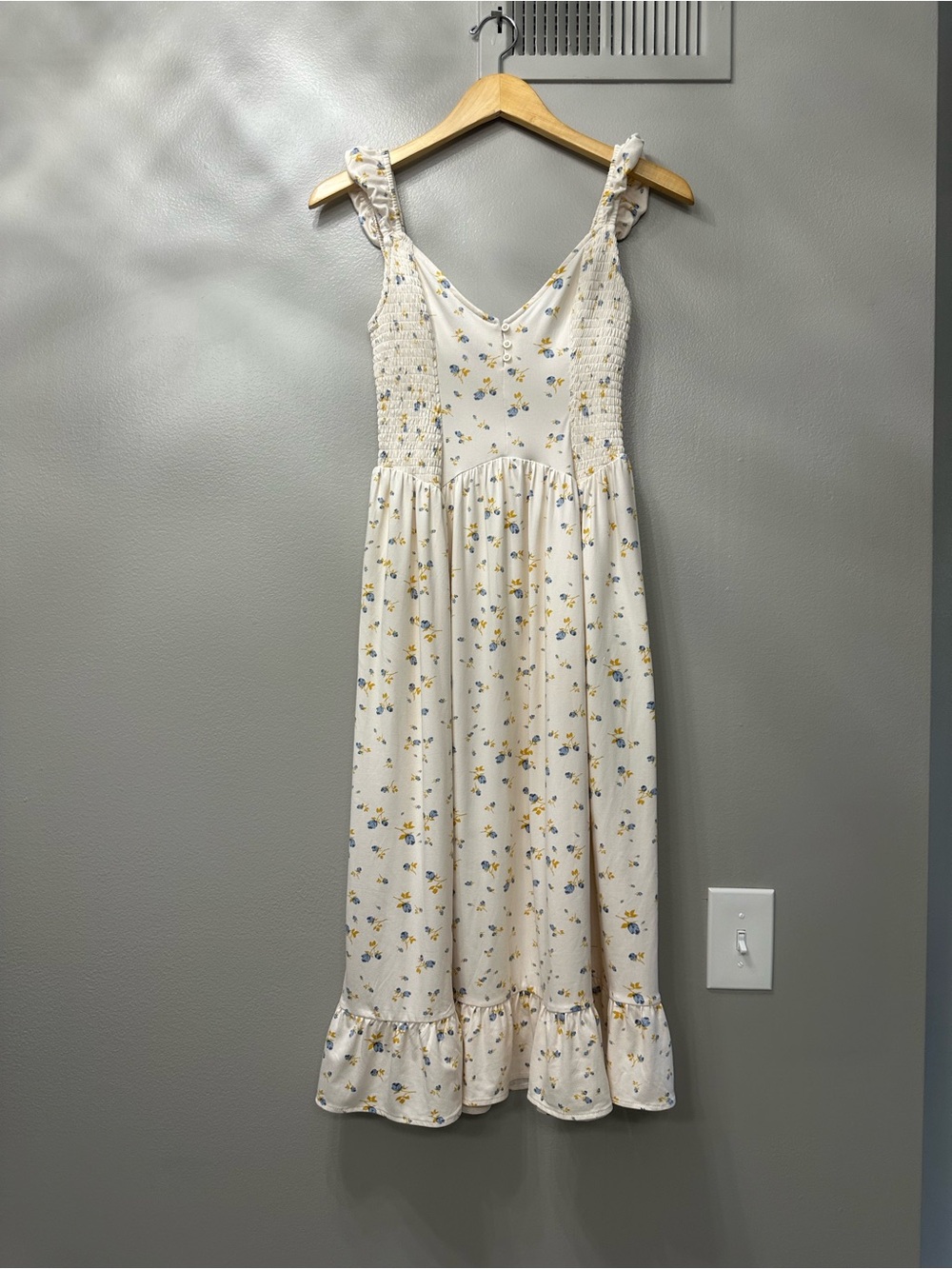 Urban Outfitters Cream Floral Midi Dress with Ruffle Hem